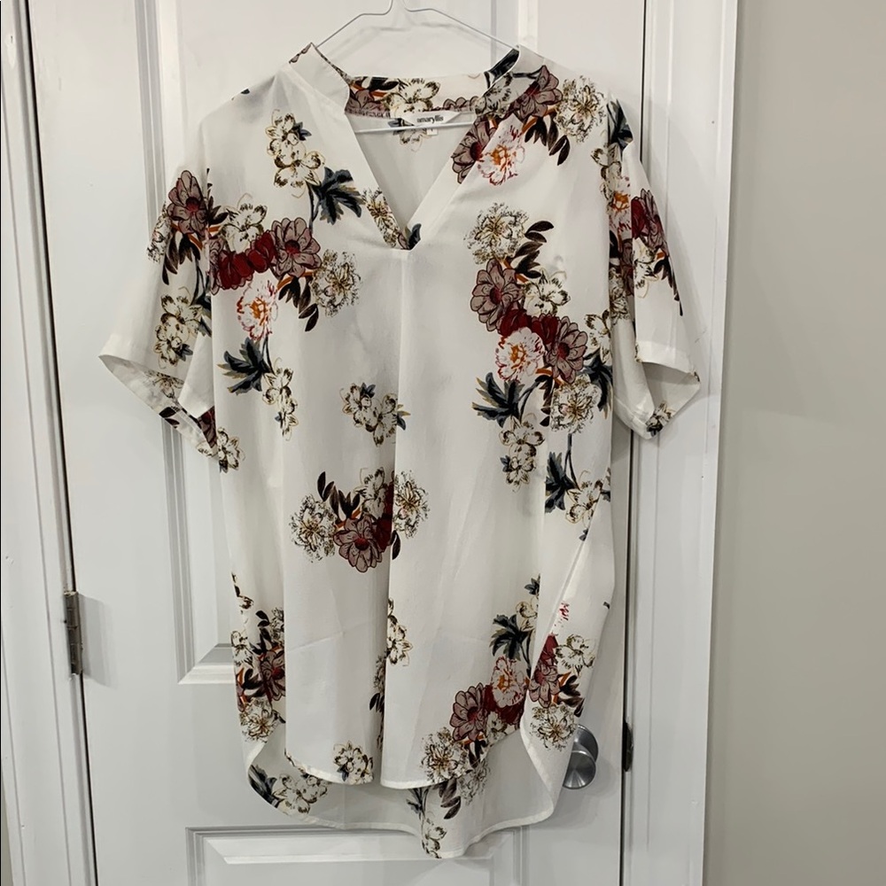 Floral V-Neck Blouse - White and Brown